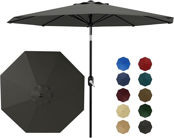 GarveeLife 9FT Patio Umbrella Outdoor, Table Umbrella with Push Button Tilt and Crank, 8 Sturdy Ribs UV Protection Waterproof for Garden, Pool, Market, Deck (Gray)