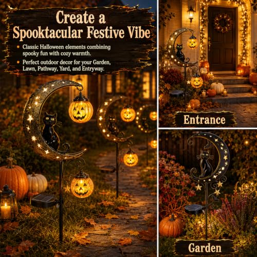 Solar Halloween Black Cat & Pumpkin Moon Garden Stake Light (B)