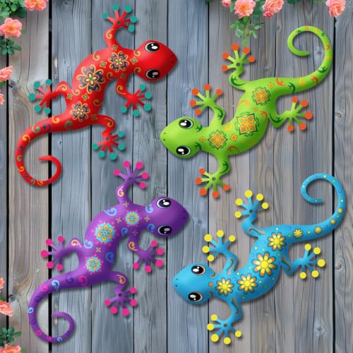 4 Pcs Metal Gecko Outdoor Wall Art Hanging Sculpture Decorations (Colorful-a)