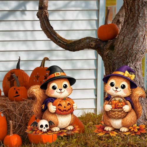 2 Pack Halloween Cute Witch Squirrel Garden Stakes Pumpkin Metal Yard Sign for Fall Autumn Outdoor Halloween Party Decorations (Halloween)