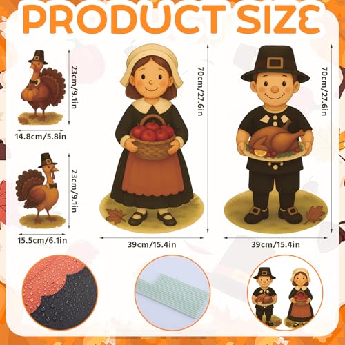 4 Pcs Fall Thanksgiving Yard Sign Pilgrim Boy and Girl Turkey Lawn Stakes