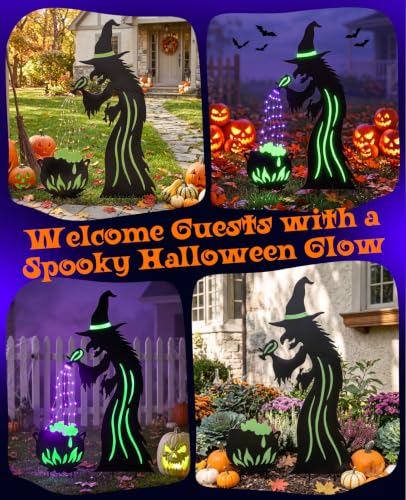 2 Pack Metal Witch Halloween Decorations Outdoor (Black & Green)
