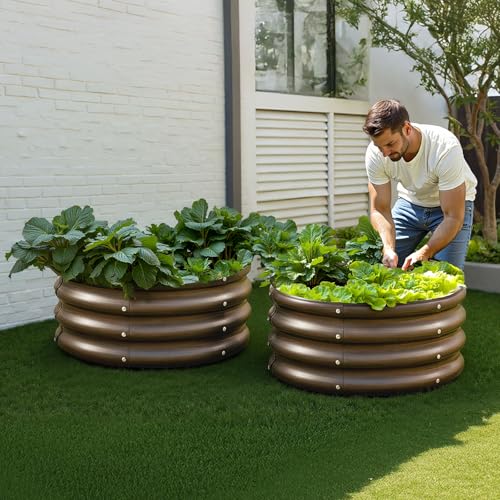 3 Pcs 2x2x1ft Round Galvanized Raised Garden Bed Kit (Brown / 2x2x1 FT)