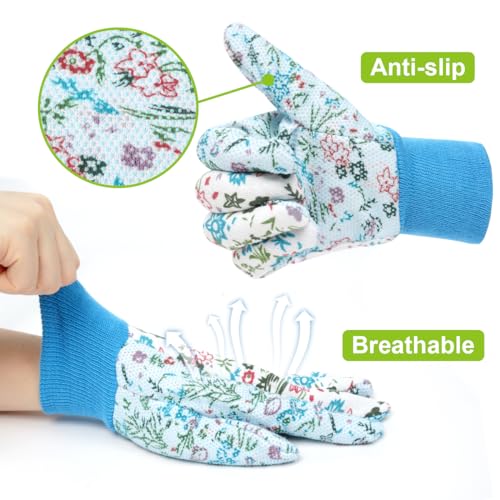Floral Gardening Gloves for Women (3 Pairs - Green + Purple + Blue Flowers)