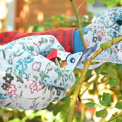 Floral Gardening Gloves for Women (3 Pairs - Green + Purple + Blue Flowers)