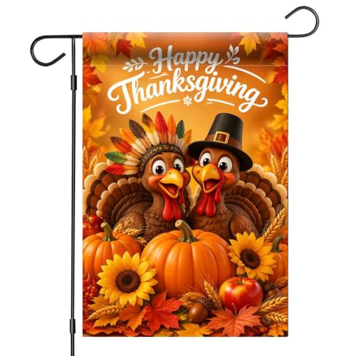 Happy Thanksgiving Turkey Garden Flag 12 x 18 inch Double Sided Outside decorations (G093)