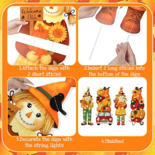 4 Pcs Fall Outdoor Decorations Metal Pumpkin Scarecrow Yard Sign with LED (Scarecrow)
