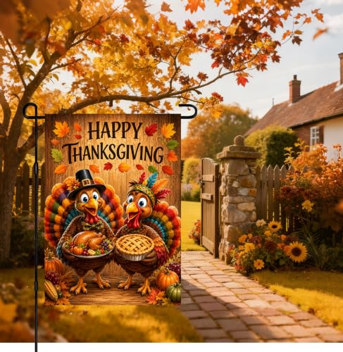 Thanksgiving Turkey Garden Flag Pie Harvest Decor 12x18 Inch (Festive Feast Pair)