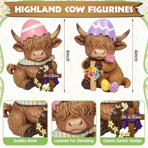 2 Pack Easter Highland Cow Figurines (4 Inch / Easter Highland Cow)