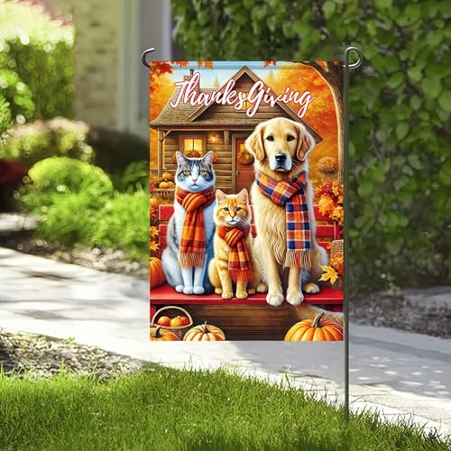 Thanksgiving Dog and Cat Garden Flag 12x18 Inch Fall Yard Decor (Cat and Dog)