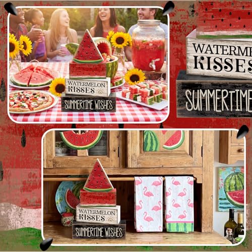 4 Pcs Summer Table Decor Wooden Watermelon Tiered Tray Decor (Watermelon)