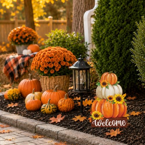 Fall Decorations Outdoor Metal Yard Sign Pumpkin Garden Stakes (Fall Pumpkin With Sunflowers)