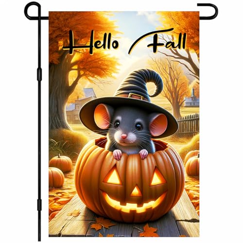 Halloween Welcome Witch Hat Garden Flag 12x18 Inch Double Sided (Mouse Pumpkin Hat Hello Fall)