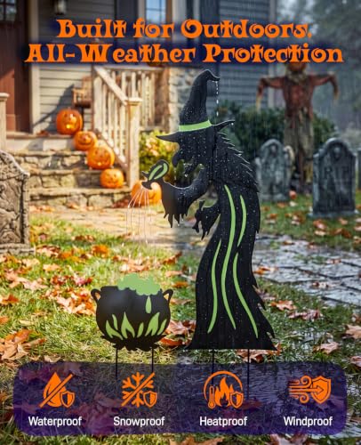 2 Pack Metal Witch Halloween Decorations Outdoor (Black & Green)