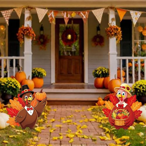 2 Pack Thansgiving Turkey Garden Stakes Metal Turkey Pumpkin Fall Yard Sign for Autumn Harvest Thanksgiving Outdoor Party Decorations (Thansgiving)