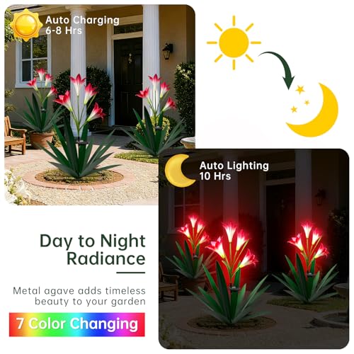 Solar Metal Agave Lily Flower Garden Sculpture with LED Lights 30.3 Inch Waterproof Outdoor (GRASS GREEN)