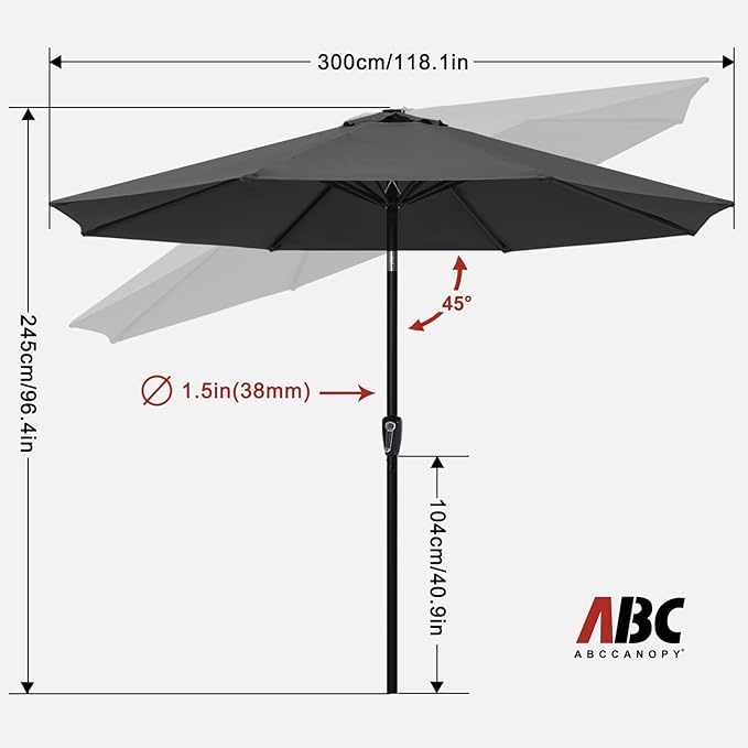 ABCCANOPY 10FT Patio Umbrella, Outdoor Waterproof Table Umbrella with Push Button Tilt and Crank, 8 Ribs UV Protection Pool Umbrella for Garden, Lawn, Deck & Backyard(Dark Gray)
