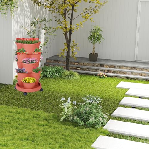 5 Tier Vertical Garden Tower Stackable Planter for Strawberries (Brown / 1 Pack)