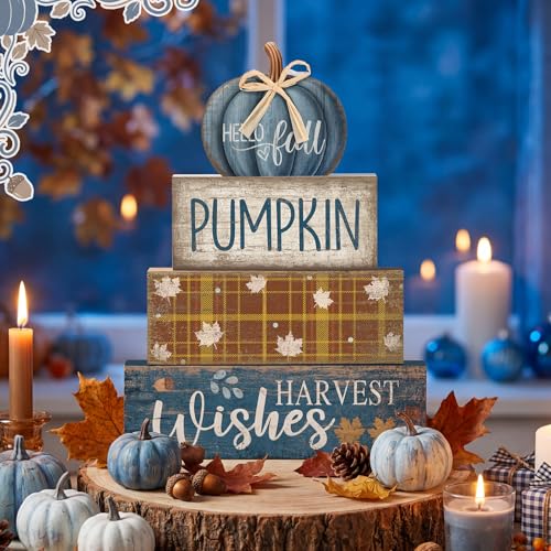 4 Pcs Blue Pumpkin Wooden Block Signs Fall Farmhouse Decor (Blue Pumpkin)