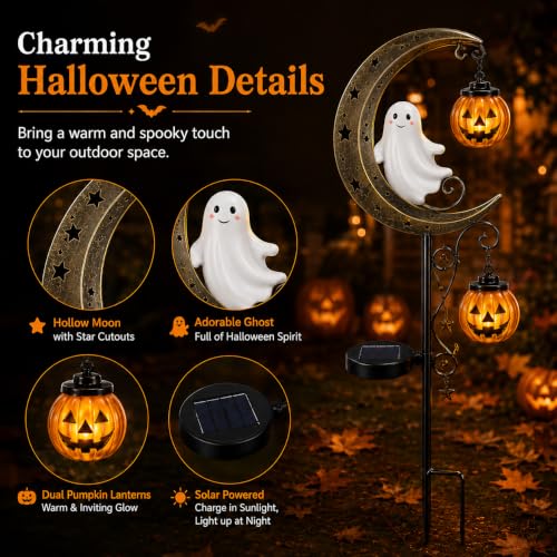Solar Halloween Ghost & Pumpkin Moon Garden Stake Light (Ghost)