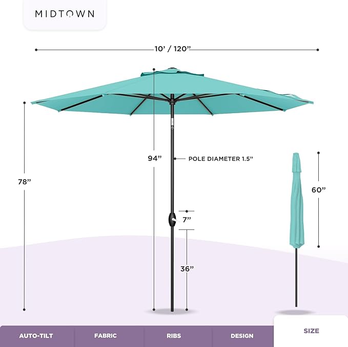 Midtown Umbrellas - 10-Year-No-Fade 10 Ft Patio Umbrella with Terylast Fabric, Auto-Tilt Aluminum Frame and 8 Reinforced Ribs for Deck, Pool, Garden & Beach - Light Navy Canopy, Black Pole