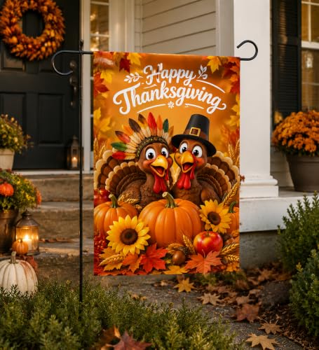 Happy Thanksgiving Turkey Garden Flag 12 x 18 inch Double Sided Outside decorations (G093)