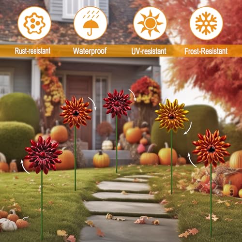 5 Pack Metal Autumn Mums Wind Spinner Garden Stake (Orange-mums)