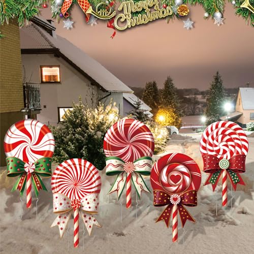 Outdoor Christmas Decorations Jumbo 24 Inch Lollipop Yard Signs 5ct with 20 Stakes 10 Fiberglass and 10 Metal Waterproof Holiday Christmas Decorations for and Garden Waterproof (Red)