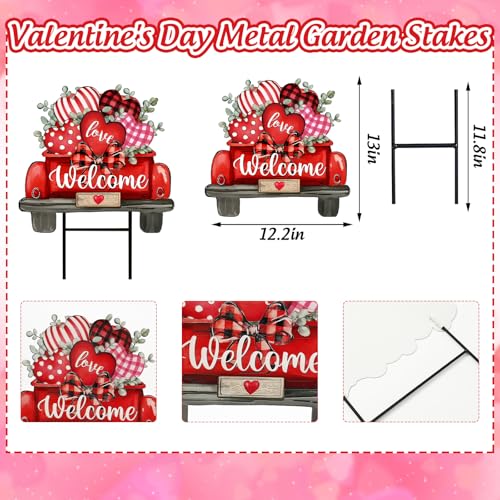 Valentine' s Day Metal Garden Stake Welcome Yard Sign Red Love Heart Truck Decorative Lawn Sign for Wedding Anniversary Home Outside Lawn Porch Walkway Decor (Valentine' s Day Truck)