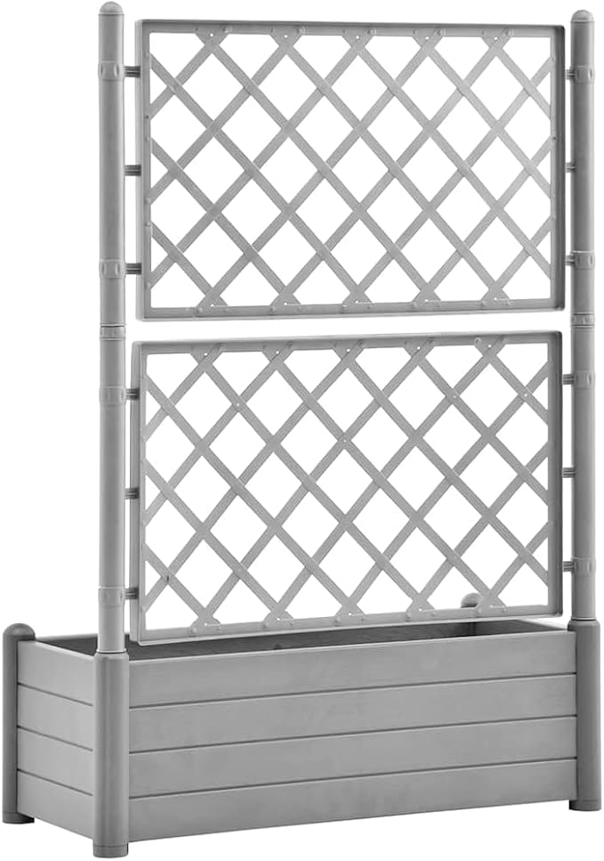 vidaXL Garden Raised Bed with Trellis, Raised Bed for Flowers and Plants, Planter with Drainage Hole, Outdoor and Indoor Use, Grey, 39.4"x16.9"x55.9" Plastic
