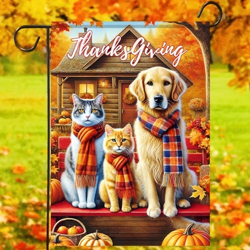 Thanksgiving Dog and Cat Garden Flag 12x18 Inch Fall Yard Decor (Cat and Dog)