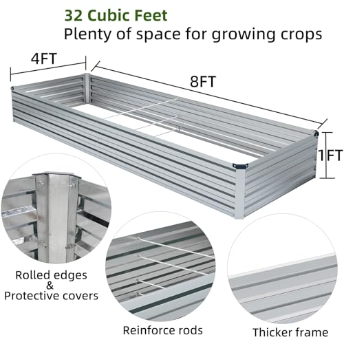 2 Pack 8x4x1FT Galvanized Raised Garden Beds Kit Outdoor Metal Gardening Planter Box for Vegetable Elevated Flower Herbs (Silver(2 Pack) / 8x4x1FT)
