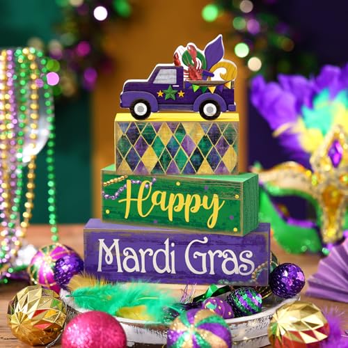 4 Pcs Mardi Gras Tiered Tray Decor Wooden Blocks (Truck)