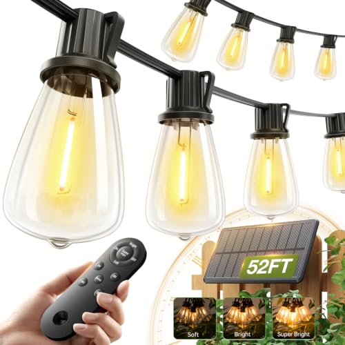 52FT(48+4) Solar String Lights Outdoor, Waterproof Dimmable 16+1 LED (48+6FT(15 Sockets)(1 Pack))