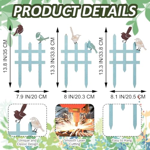 3 Pcs Small Garden Fence with 6 Piece Bird Decoration (Blue)