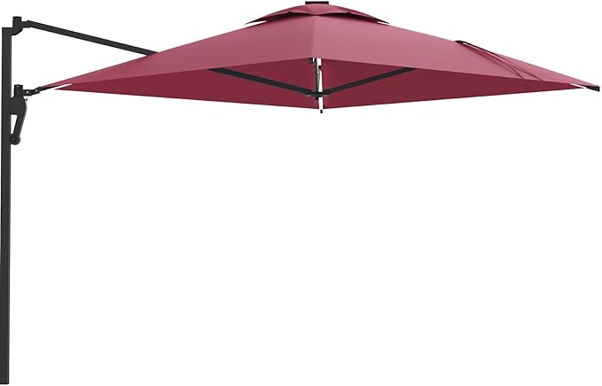 AECOJOY 10ft Solar LED Wall Mounted Outdoor Patio Umbrella, Rectangular Large Offset Cantilever Umbrellas with 180° Rotation Sun Canopy for Deck Pool Garden Backyard, Save Space, Red