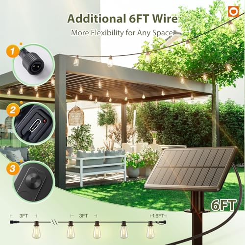 52FT(48+4) Solar String Lights Outdoor, Waterproof Dimmable 16+1 LED (48+6FT(15 Sockets)(1 Pack))