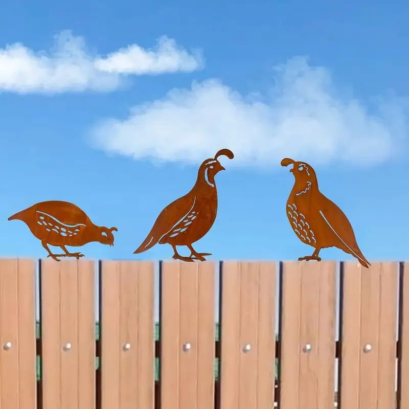 3 Pack Rusty Quail Family Decorative Garden Stakes (Brown)