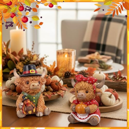 2 Pcs Fall Thanksgiving Highland Cow Resin Turkey Cow Figurines (5 Inch / Turkey Pumpkin Highland Cow)