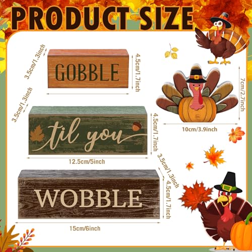 4 Pcs Fall Table Decor Thanksgiving Turkey Wooden Block Signs (Turkey)
