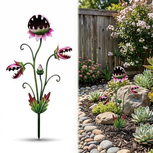 Metal Carnivorous Plant Garden Stake Rustproof 2D (Soft-pink Flower)