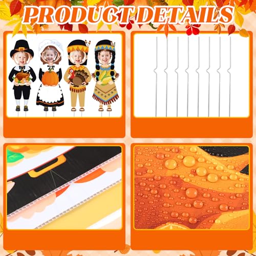 4 Pcs Large Thanksgiving Pilgrim Boy and Girl and Native American Boy and Girl Yard Sign Decor with Stakes Waterproof Outdoor Garden Pumpkin Turkey Yard Stake Autumn Lawn Decor