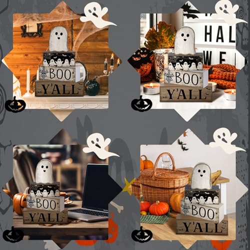 4 Pcs Halloween Table Decoration Wooden Ghost Tiered Tray Decor (Little Ghost)