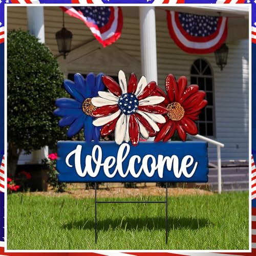 1 Pcs Patriotic 4th of July Outdoor Decor Daisy Metal Garden Stakes Memorial Day Welcome Yard Signs Decorations Garden Stakes for 250th Anniversary Patio Lawn Walkway Outside (4th of July Flower)