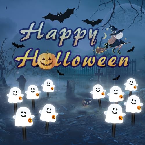 Solar Halloween Ghost Pathway Lights (Cold White Pumpkin Ghost / 10-Pack)