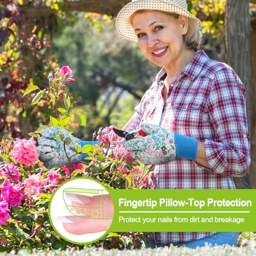 Floral Gardening Gloves for Women (3 Pairs - Green + Purple + Blue Flowers)