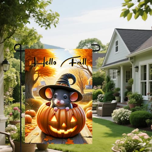 Halloween Welcome Witch Hat Garden Flag 12x18 Inch Double Sided (Mouse Pumpkin Hat Hello Fall)