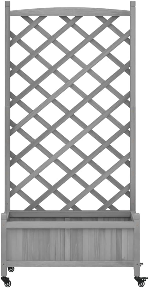 Grey Raised Garden Bed Planter with Wheels and Trellis, Solid Fir Wood and Iron Rectangular Large Elevated Planter Box for Outdoor Indoor Plants Flowers Vegetables Patio Garden