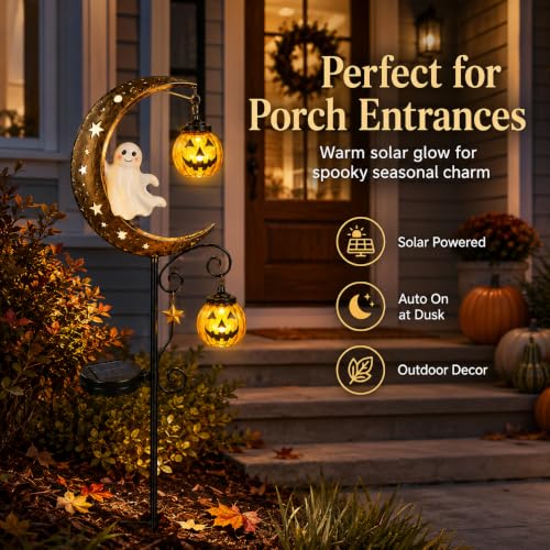 Solar Halloween Ghost & Pumpkin Moon Garden Stake Light (Ghost)
