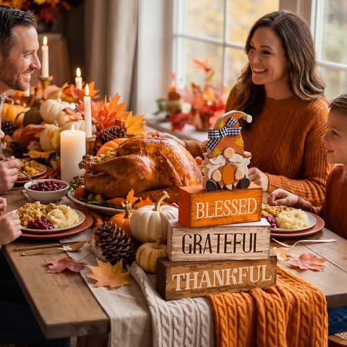 4 Pcs Fall Gnome Block Signs Thanksgiving Tiered Tray Decor (Blessed Gnome)